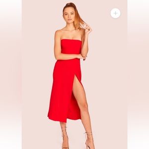 Red strapless midi dress